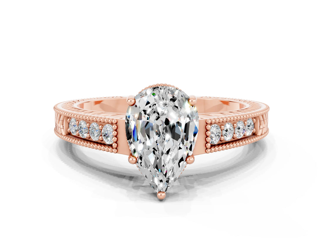 Rose gold Pear Cut Moissanite Ring with Milgrain Pavé Band and Four-Prong Setting_12