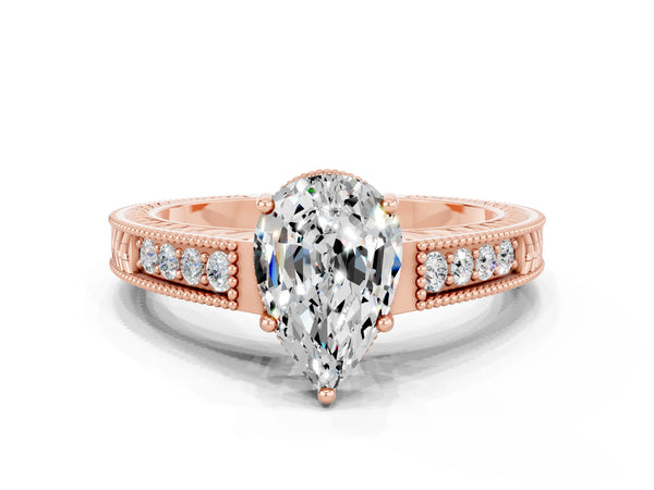 Rose gold Pear Cut Moissanite Ring with Milgrain Pavé Band and Four-Prong Setting