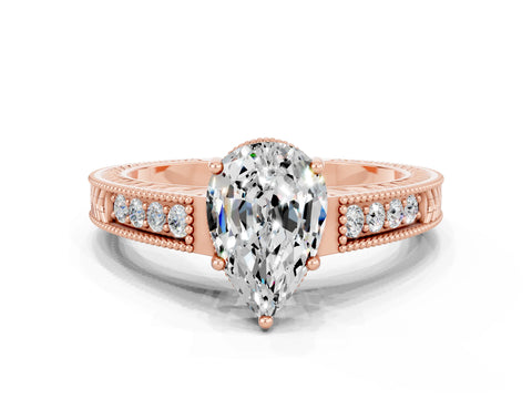 Rose gold Pear Cut Moissanite Ring with Milgrain Pavé Band and Four-Prong Setting_12