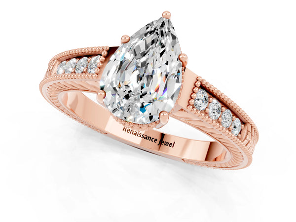 Rose gold Pear Cut Moissanite Ring with Milgrain Pavé Band and Four-Prong Setting