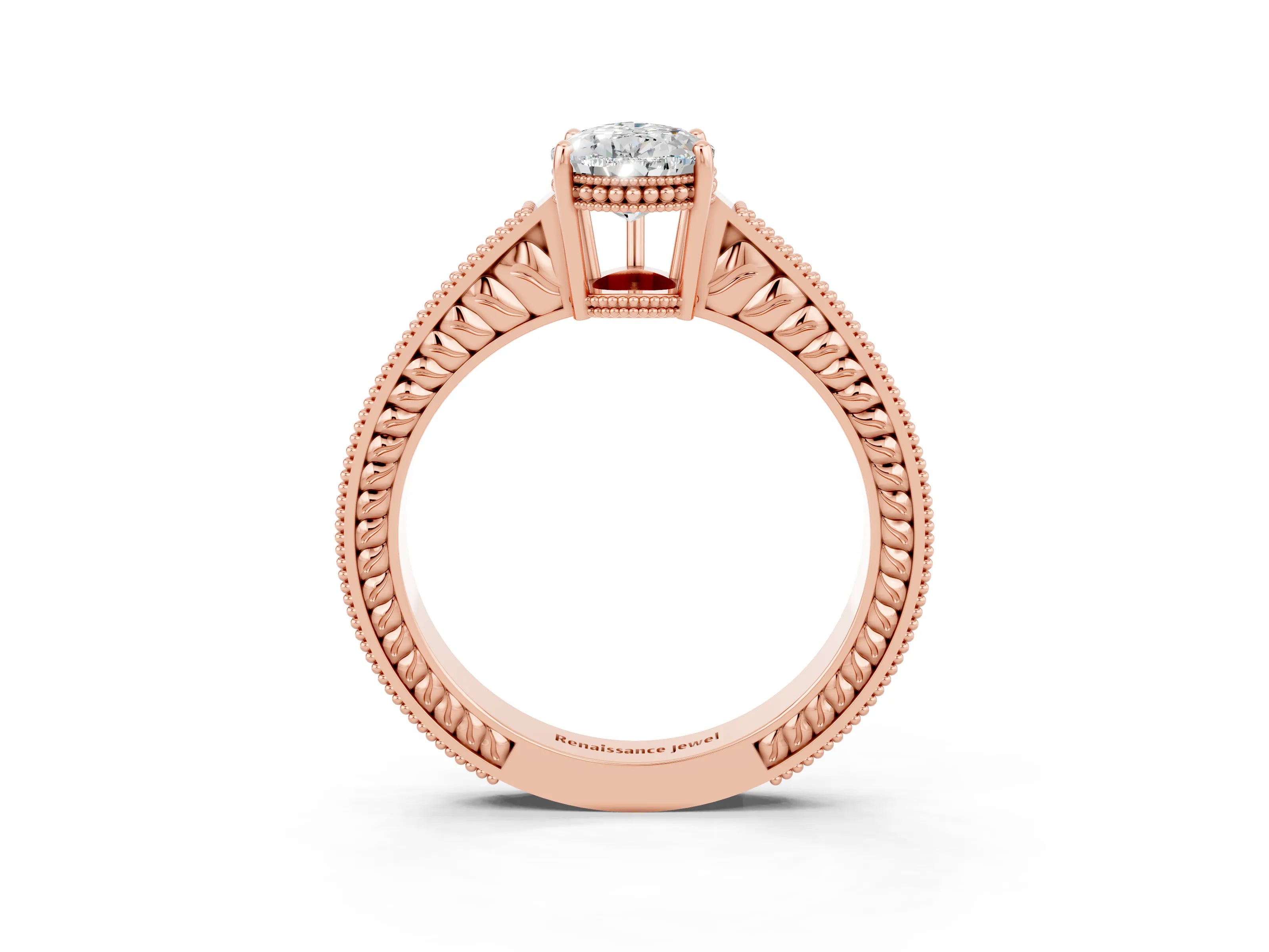 Rose gold Pear Cut Moissanite Ring with Milgrain Pavé Band and Four-Prong Setting_15
