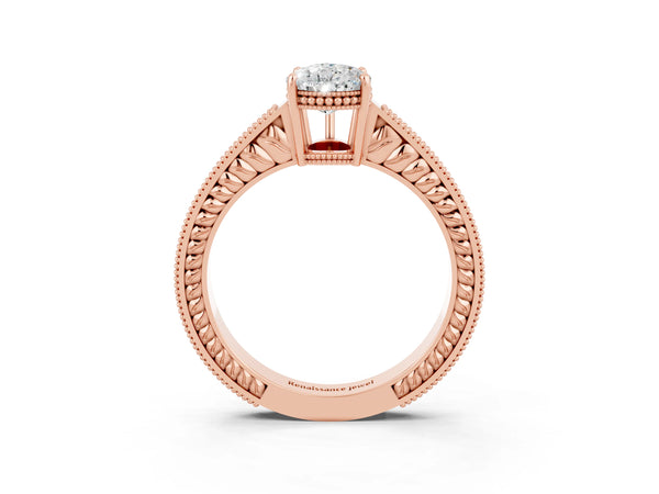 Rose gold Pear Cut Moissanite Ring with Milgrain Pavé Band and Four-Prong Setting
