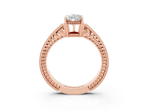 Rose gold Pear Cut Moissanite Ring with Milgrain Pavé Band and Four-Prong Setting_15