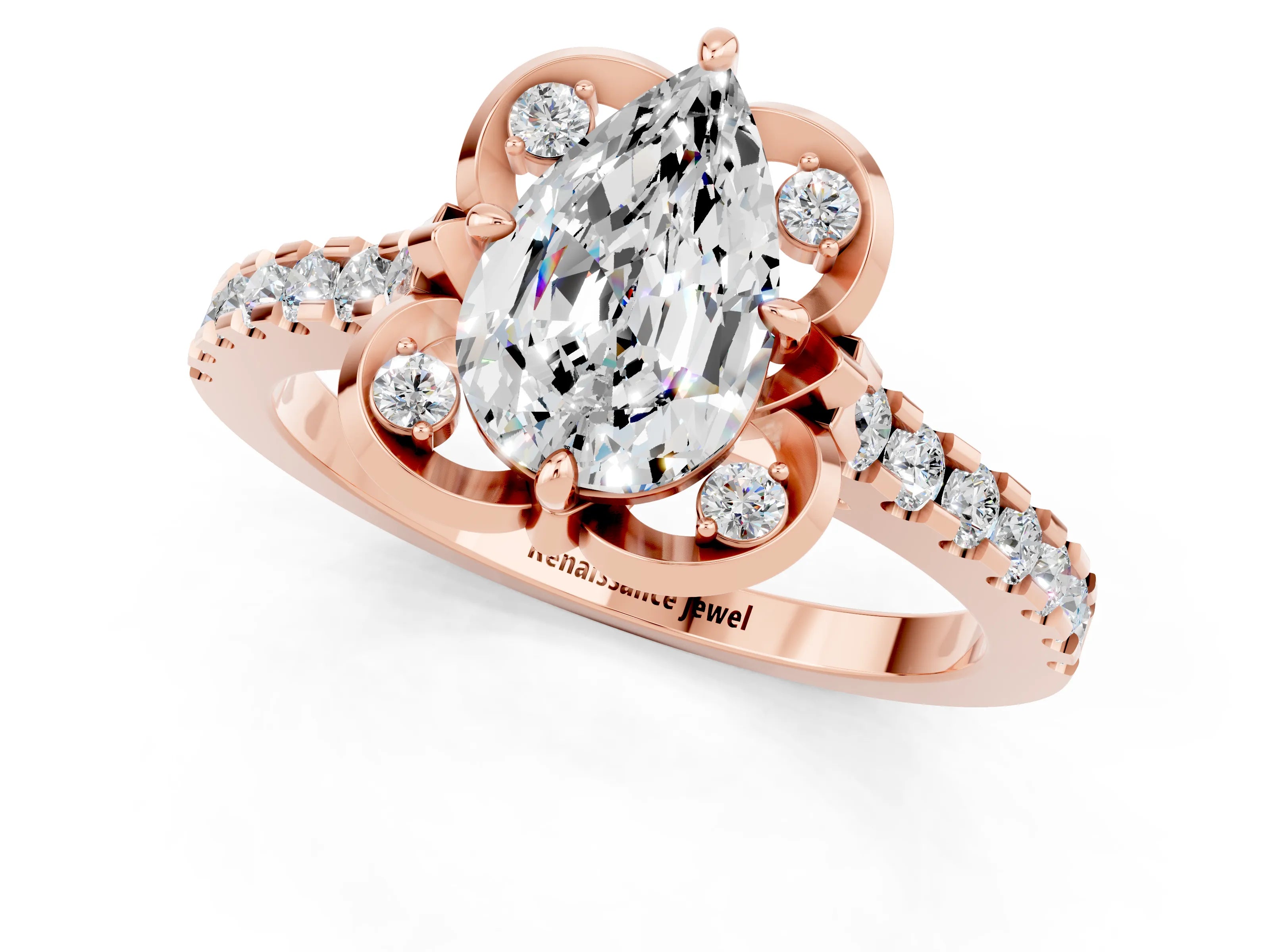 Rose gold Pear Cut Moissanite Ring with Pavé Band and Floral Prong Setting_1