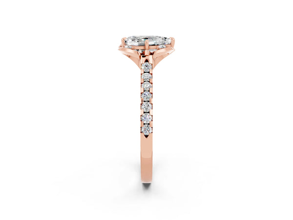 Rose gold Pear Cut Moissanite Ring with Pavé Band and Floral Prong Setting
