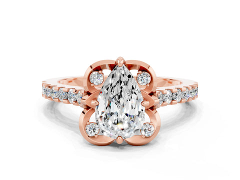 Rose gold Pear Cut Moissanite Ring with Pavé Band and Floral Prong Setting