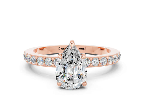 Rose gold Pear Cut Moissanite Ring with Pavé Band and Four-Prong Setting