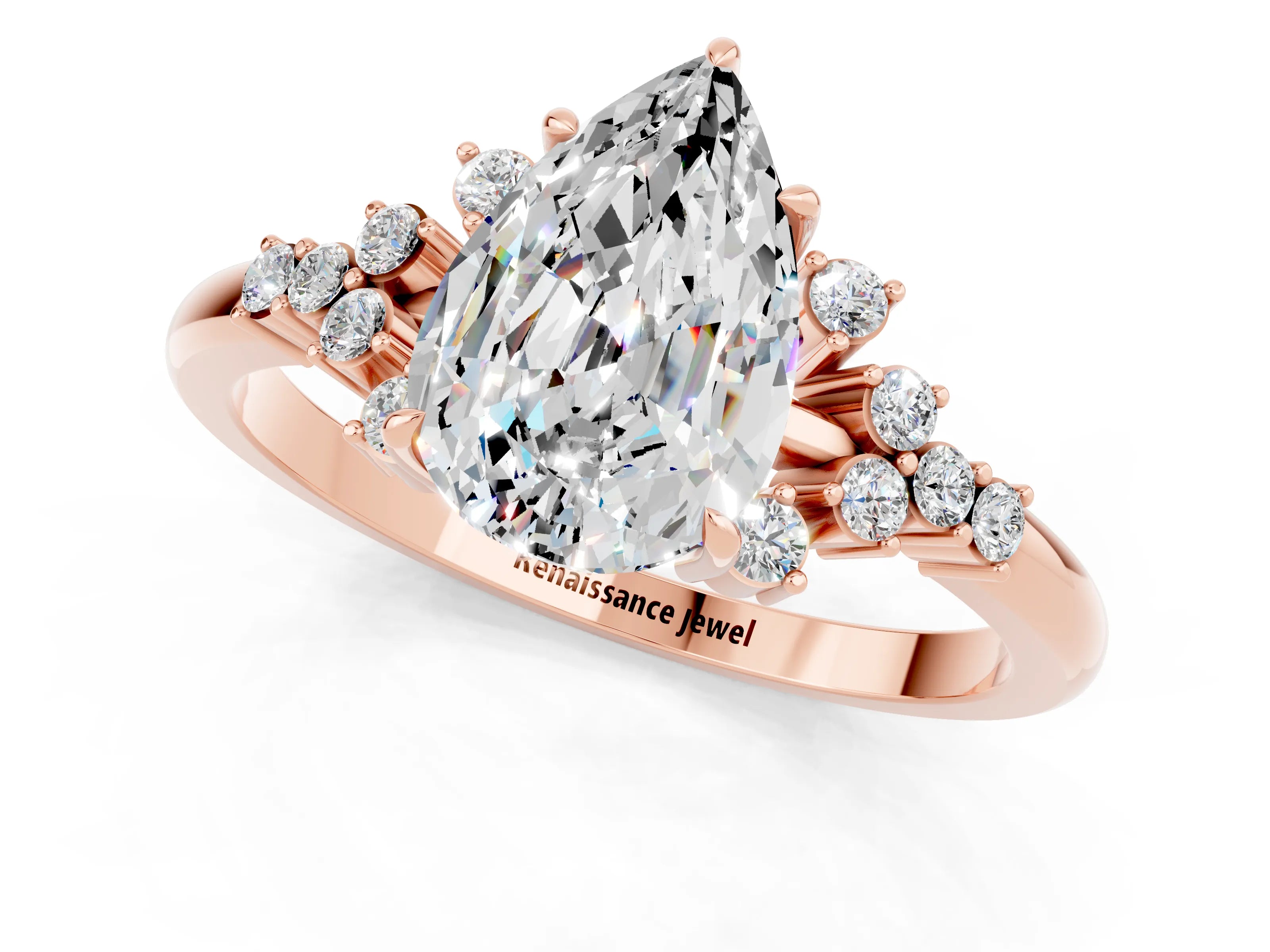 Rose gold Pear Cut Moissanite Ring with Side Stones and Four-Prong Setting_37