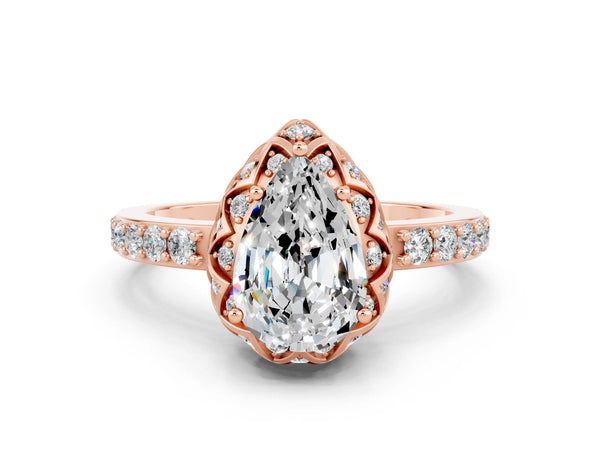 Rose gold Pear Cut Moissanite Scalloped Halo Engagement Ring with Round Shared Prong Band