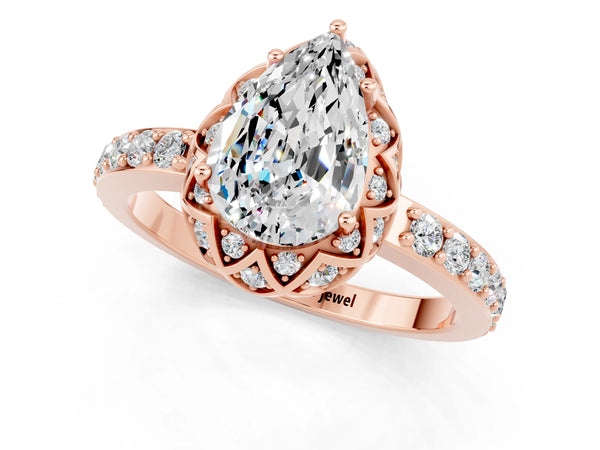 Rose gold Pear Cut Moissanite Scalloped Halo Engagement Ring with Round Shared Prong Band