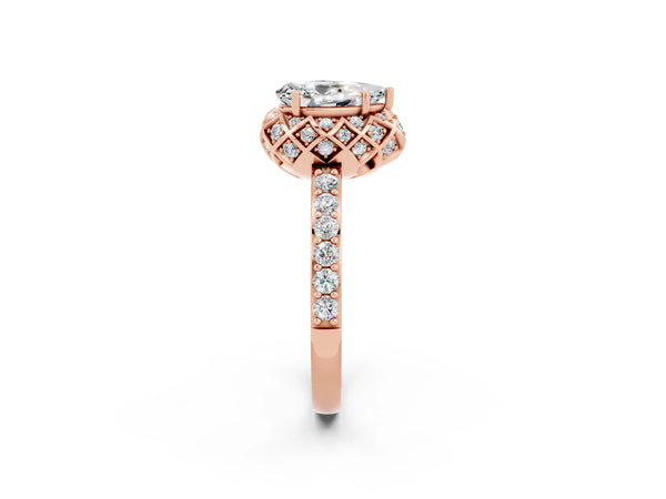 Rose gold Pear Cut Moissanite Scalloped Halo Engagement Ring with Round Shared Prong Band