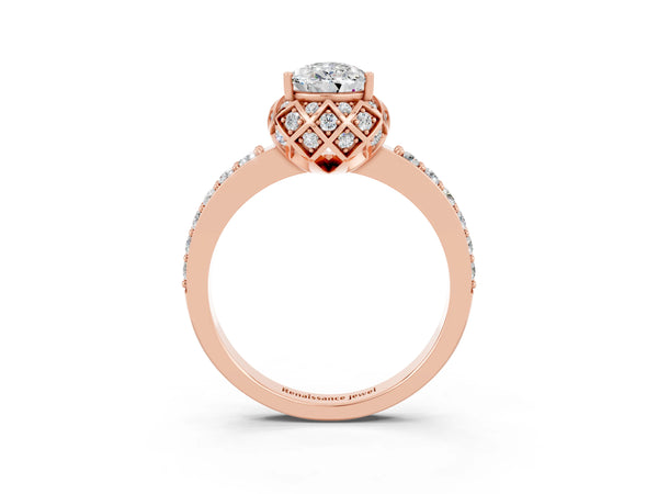 Rose gold Pear Cut Moissanite Scalloped Halo Engagement Ring with Round Shared Prong Band