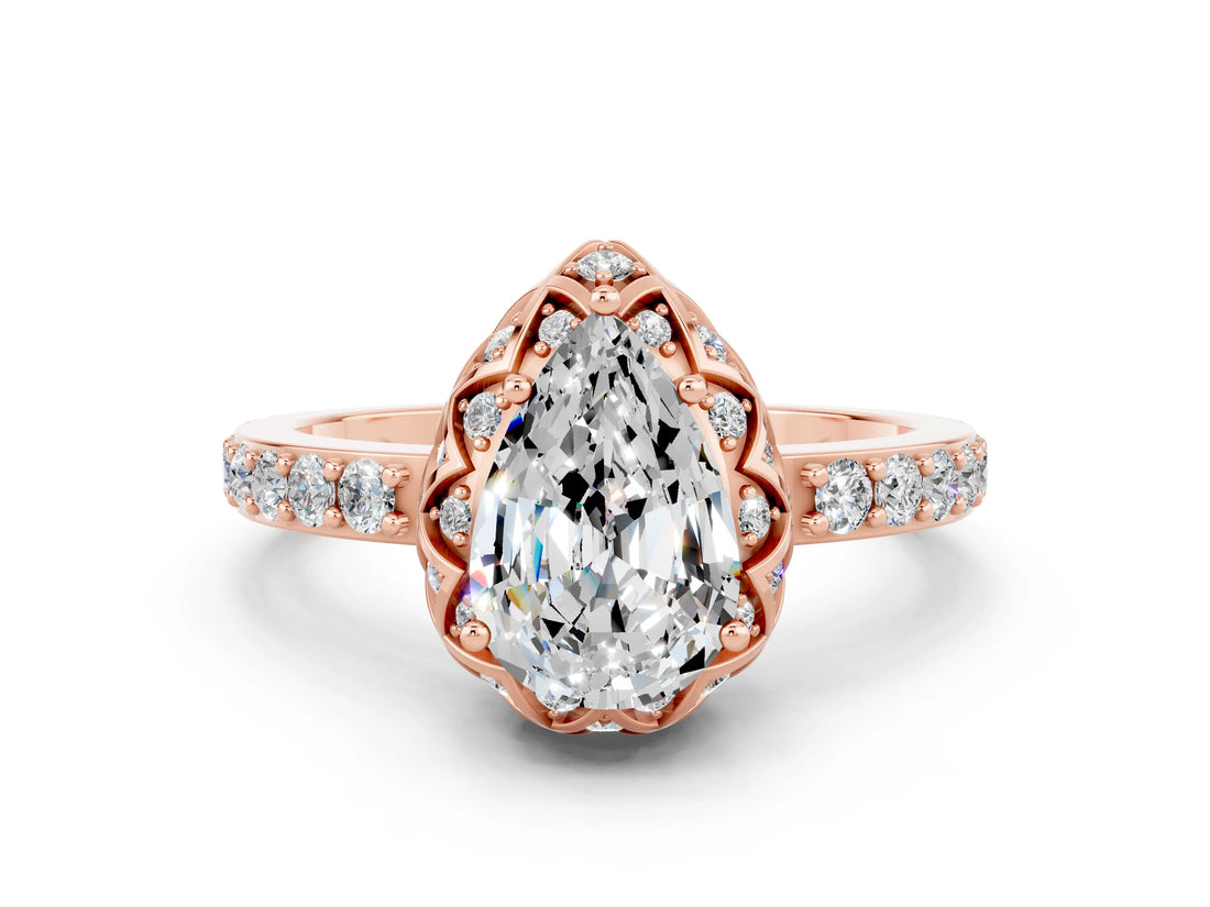 Rose gold Pear Cut Moissanite Scalloped Halo Engagement Ring with Round Shared Prong Band_24