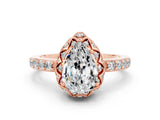 Rose gold Pear Cut Moissanite Scalloped Halo Engagement Ring with Round Shared Prong Band_24