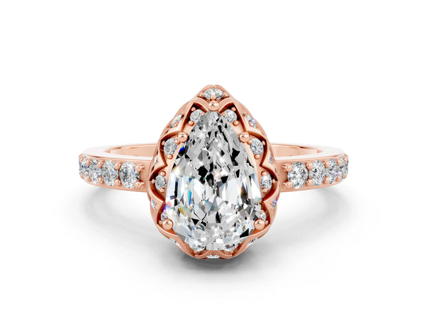 Rose gold Pear Cut Moissanite Scalloped Halo Engagement Ring with Round Shared Prong Band
