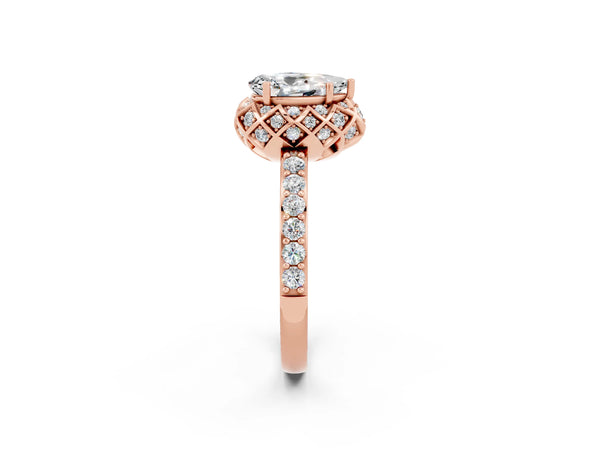 Rose gold Pear Cut Moissanite Scalloped Halo Engagement Ring with Round Shared Prong Band