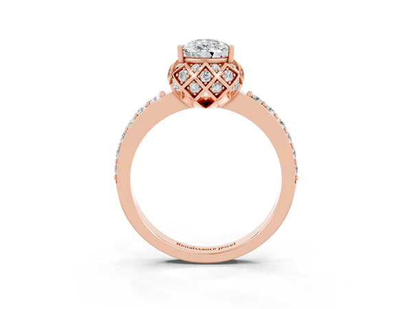Rose gold Pear Cut Moissanite Scalloped Halo Engagement Ring with Round Shared Prong Band
