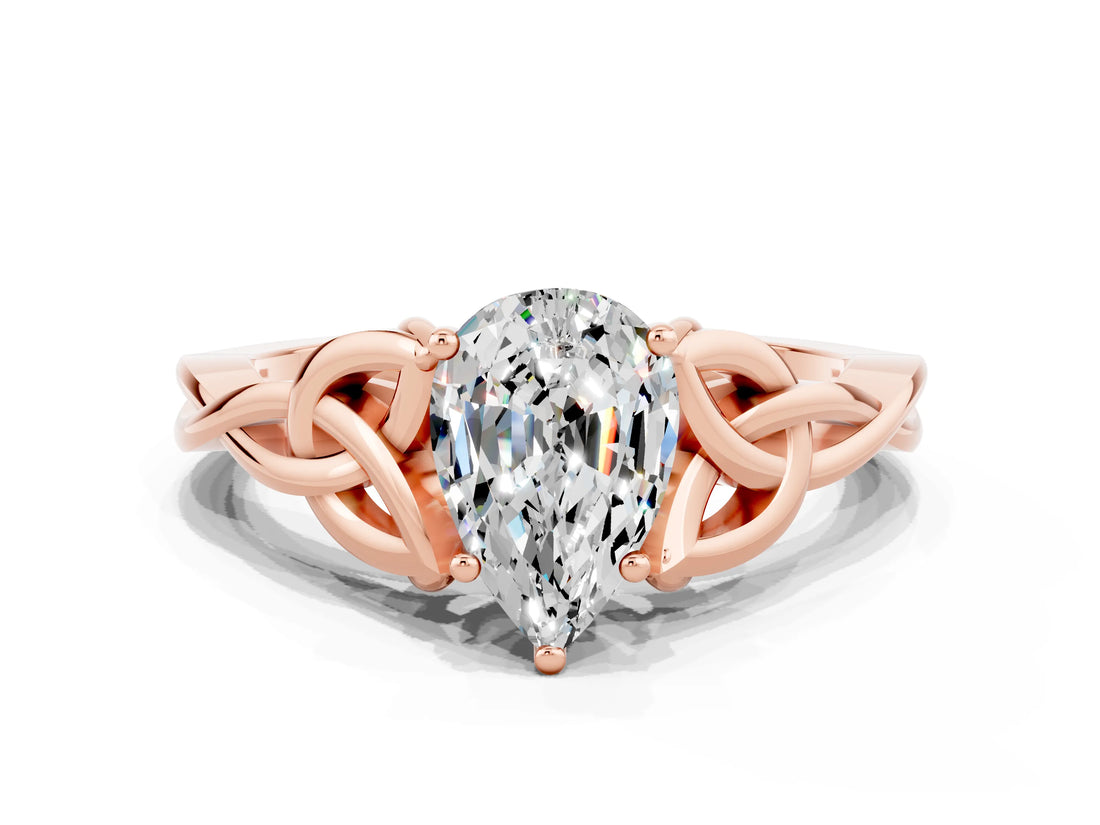 Rose gold Pear Cut Moissanite Solitaire Celtic Knot Ring with Four-Prong Setting_12