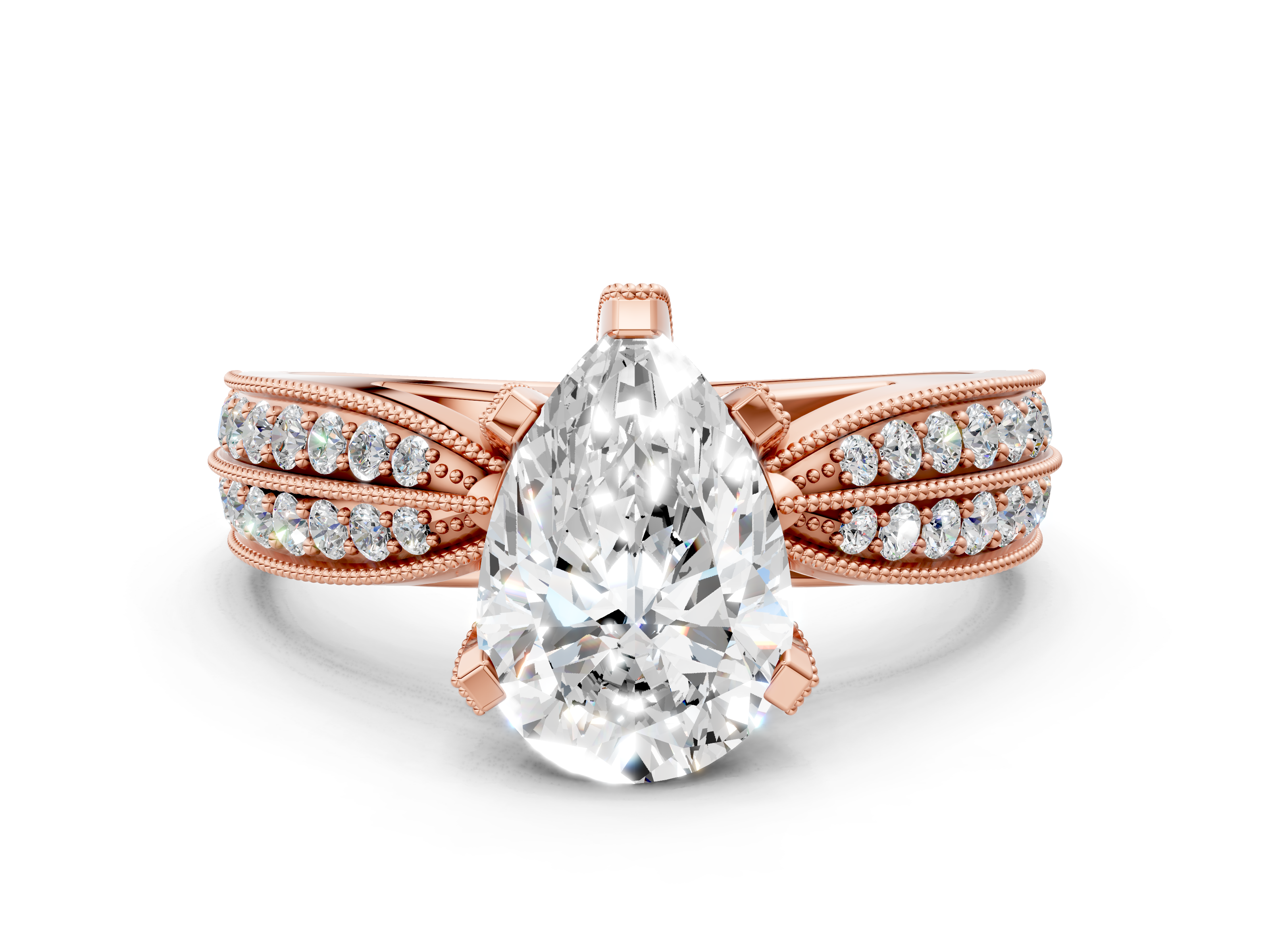 Rose gold Pear Cut Moissanite   Solitaire Diamond Ring with Milgrain Pavé Band and Four-Prong Setting_33