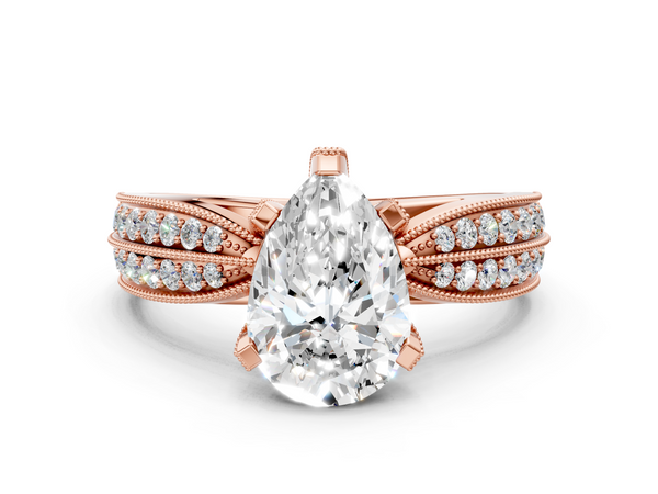 Rose gold Pear Cut Moissanite   Solitaire Diamond Ring with Milgrain Pavé Band and Four-Prong Setting