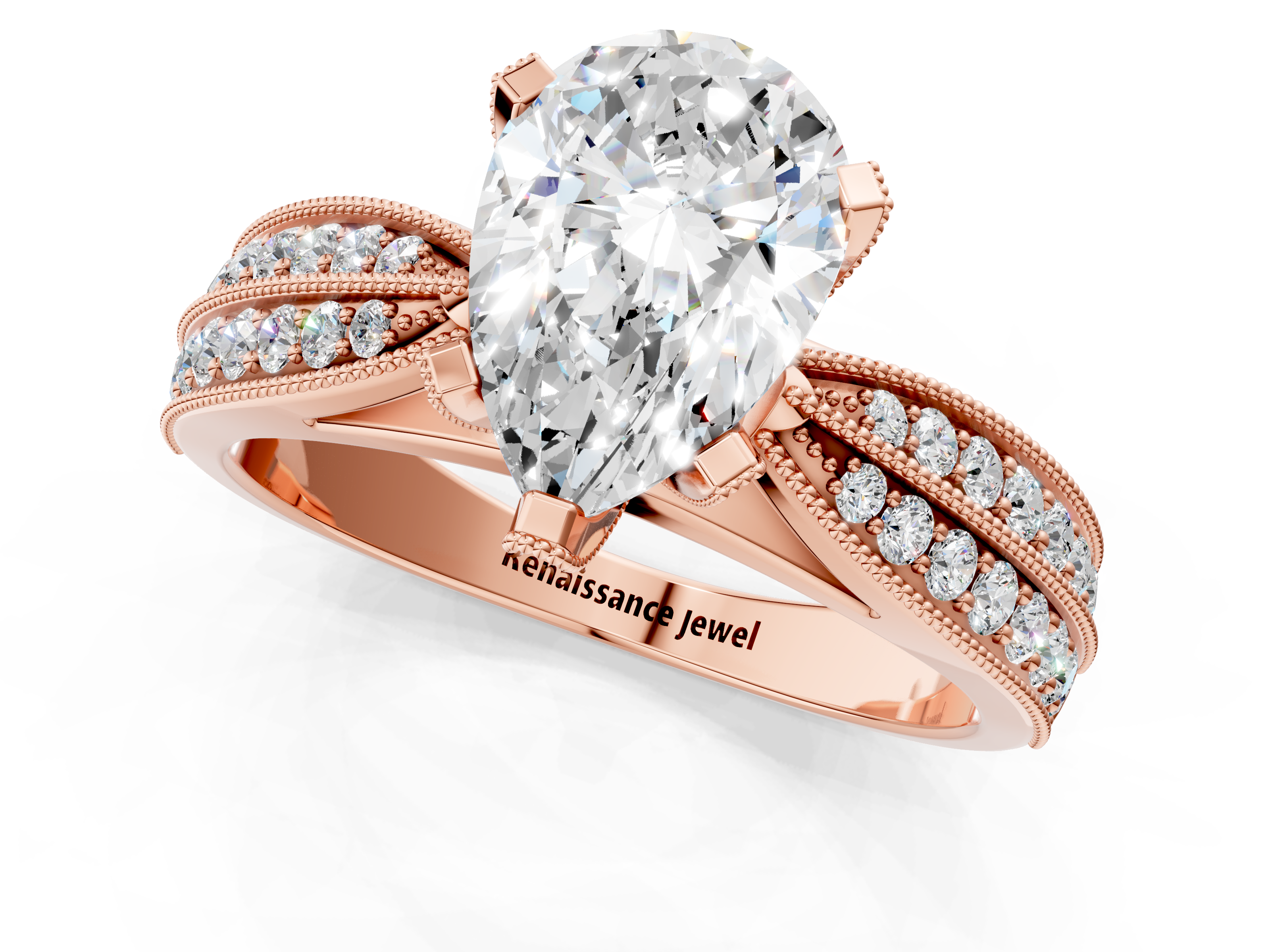 Rose gold Pear Cut Moissanite   Solitaire Diamond Ring with Milgrain Pavé Band and Four-Prong Setting_34