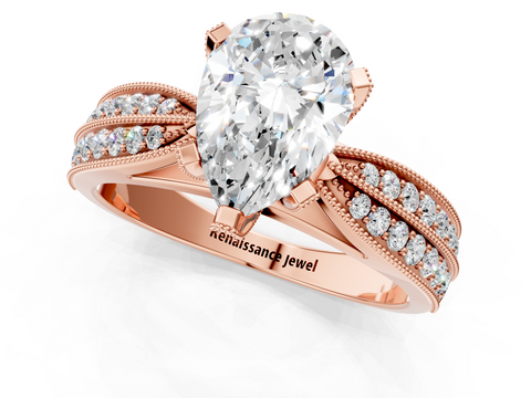 Rose gold Pear Cut Moissanite   Solitaire Diamond Ring with Milgrain Pavé Band and Four-Prong Setting_34