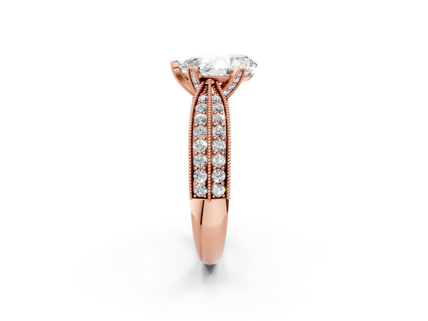 Rose gold Pear Cut Moissanite   Solitaire Diamond Ring with Milgrain Pavé Band and Four-Prong Setting