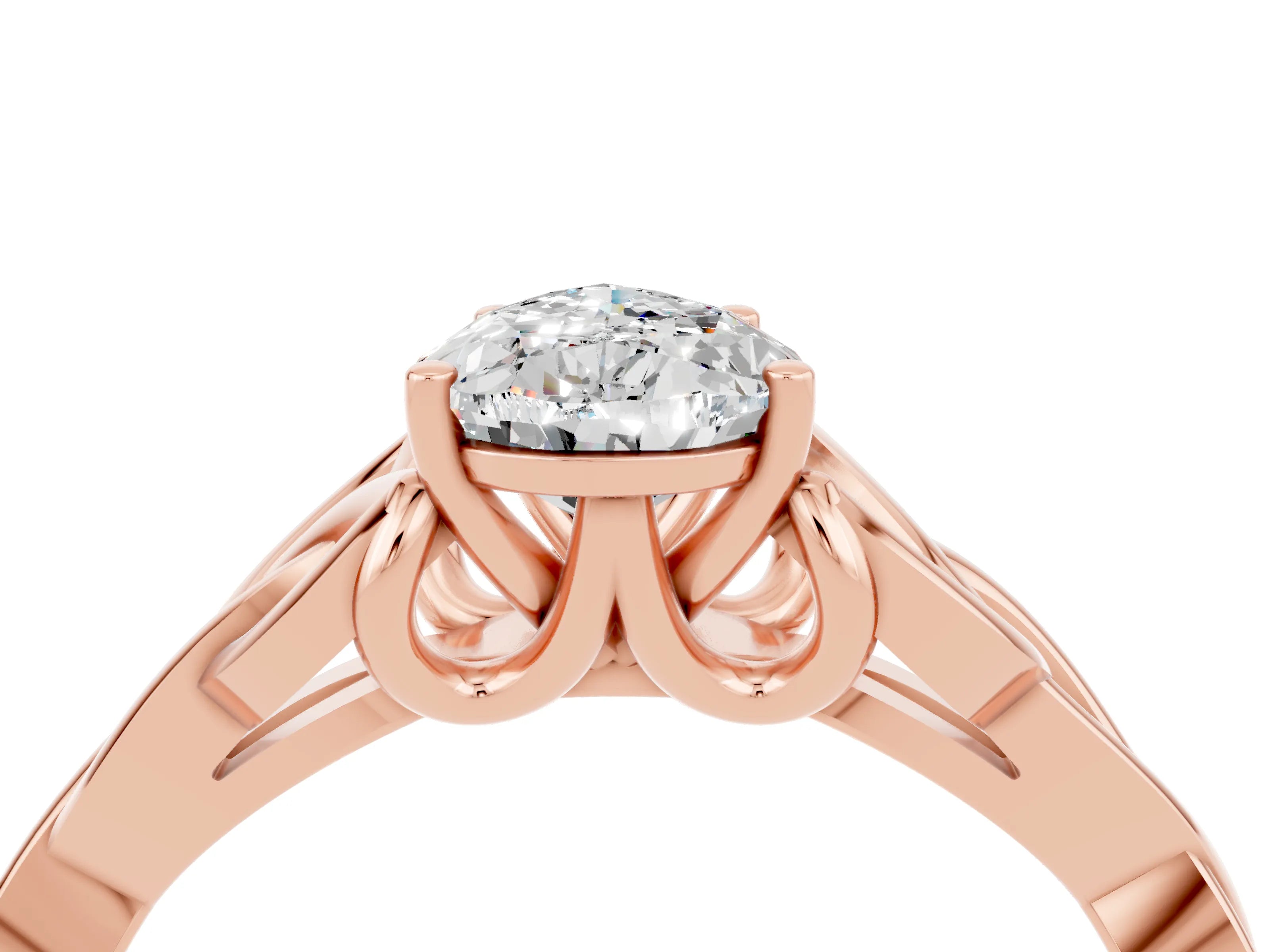 Rose gold Pear Cut Moissanite Solitaire Engagement Ring with Celtic Knot Band and Four-Prong Setting_4