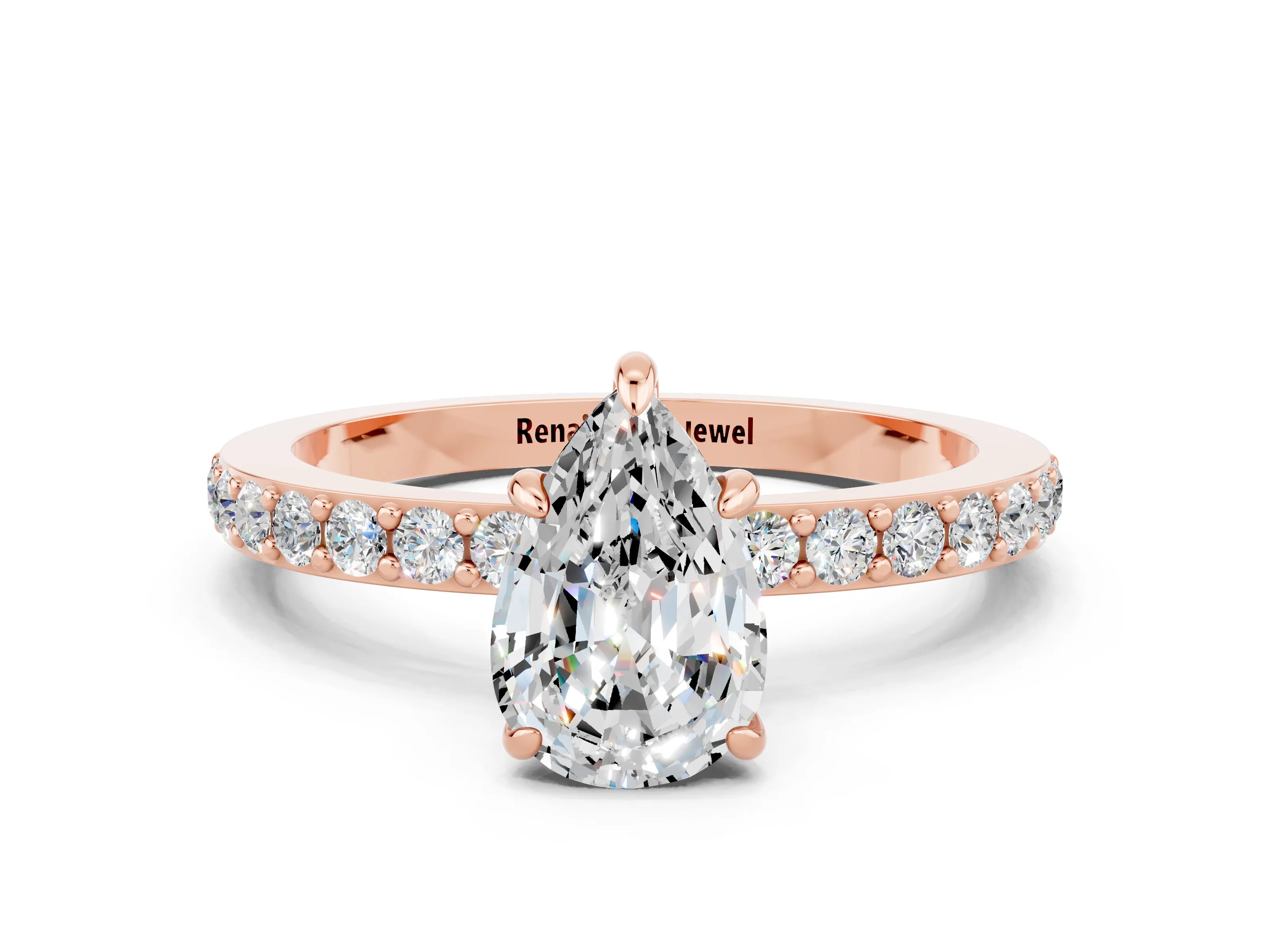 Rose gold Pear Cut Moissanite Solitaire Engagement Ring with Pavé Band and Four-Prong Setting