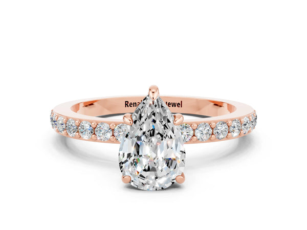 Rose gold Pear Cut Moissanite Solitaire Engagement Ring with Pavé Band and Four-Prong Setting