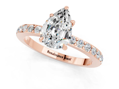 Rose gold Pear Cut Moissanite Solitaire Engagement Ring with Pavé Band and Four-Prong Setting_1