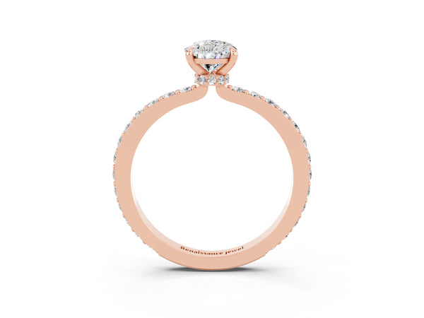 Rose gold Pear Cut Moissanite Solitaire Engagement Ring with Pavé Band and Four-Prong Setting