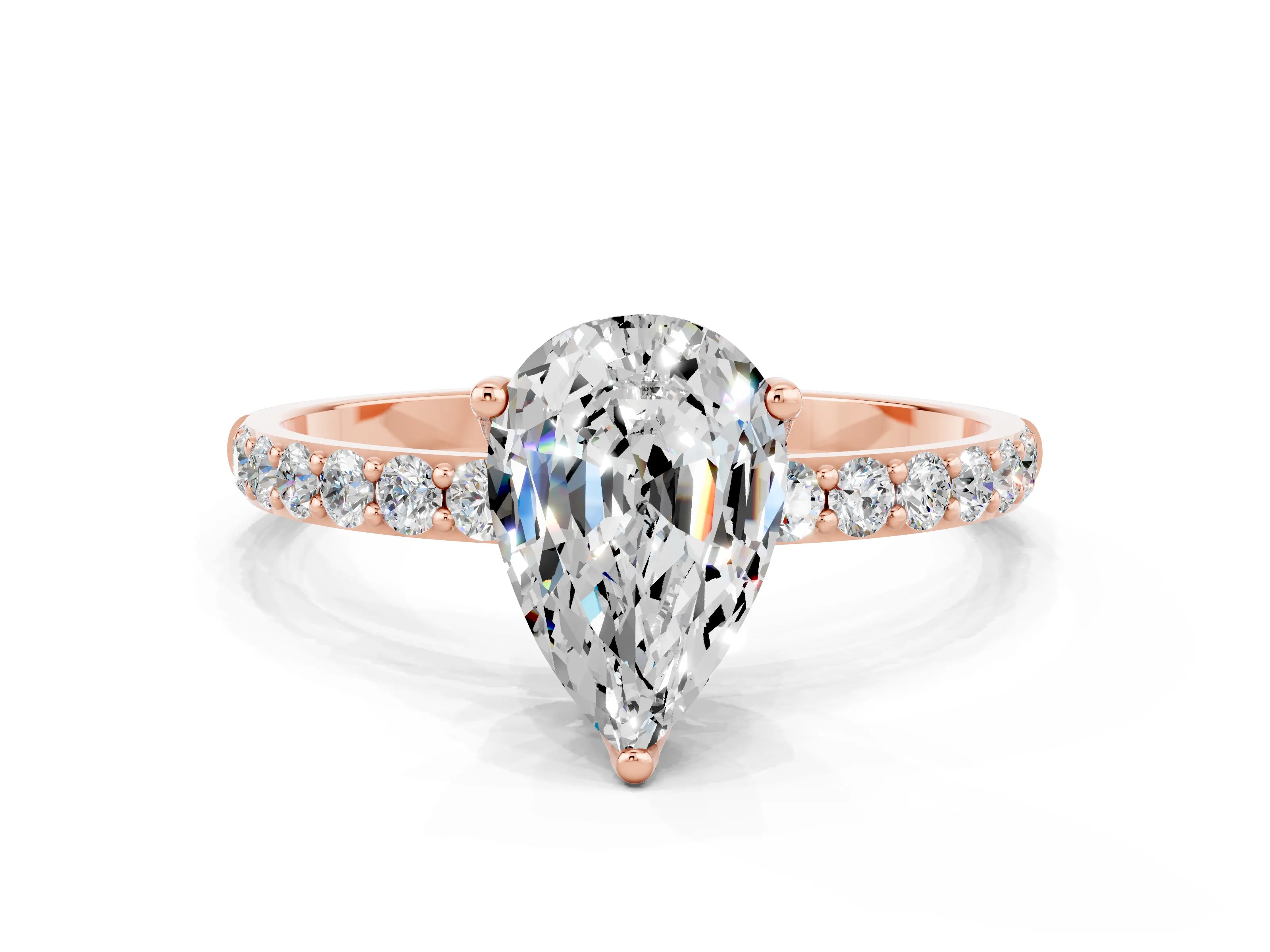 Rose gold Pear Cut Moissanite Solitaire Engagement Ring with Pavé Band and Prong Setting