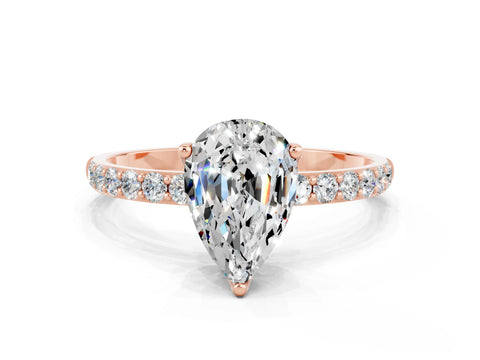 Rose gold Pear Cut Moissanite Solitaire Engagement Ring with Pavé Band and Prong Setting