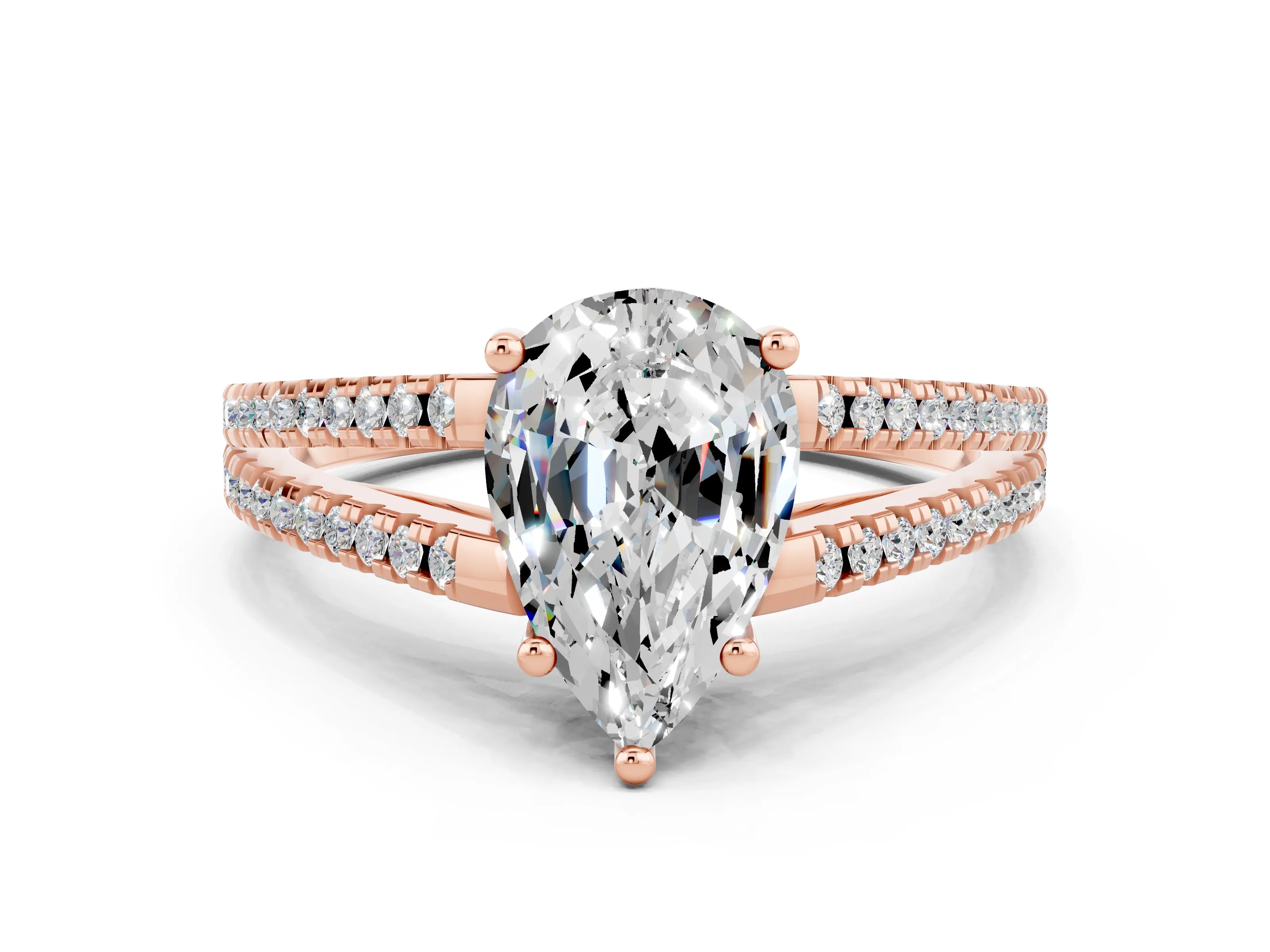 Rose gold Pear Cut Moissanite Solitaire Engagement Ring with Split Shank Pavé Band