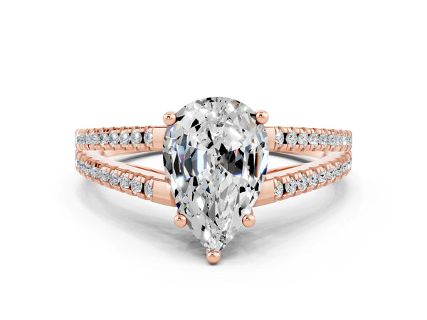 Rose gold Pear Cut Moissanite Solitaire Engagement Ring with Split Shank Pavé Band