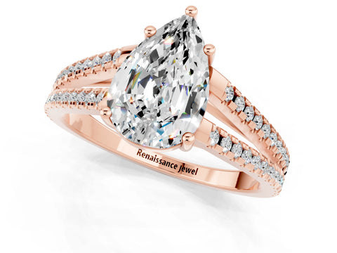 Rose gold Pear Cut Moissanite Solitaire Engagement Ring with Split Shank Pavé Band_1