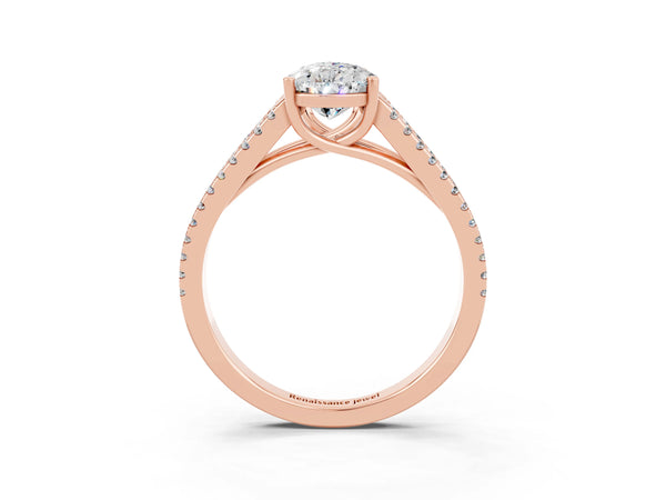 Rose gold Pear Cut Moissanite Solitaire Engagement Ring with Split Shank Pavé Band