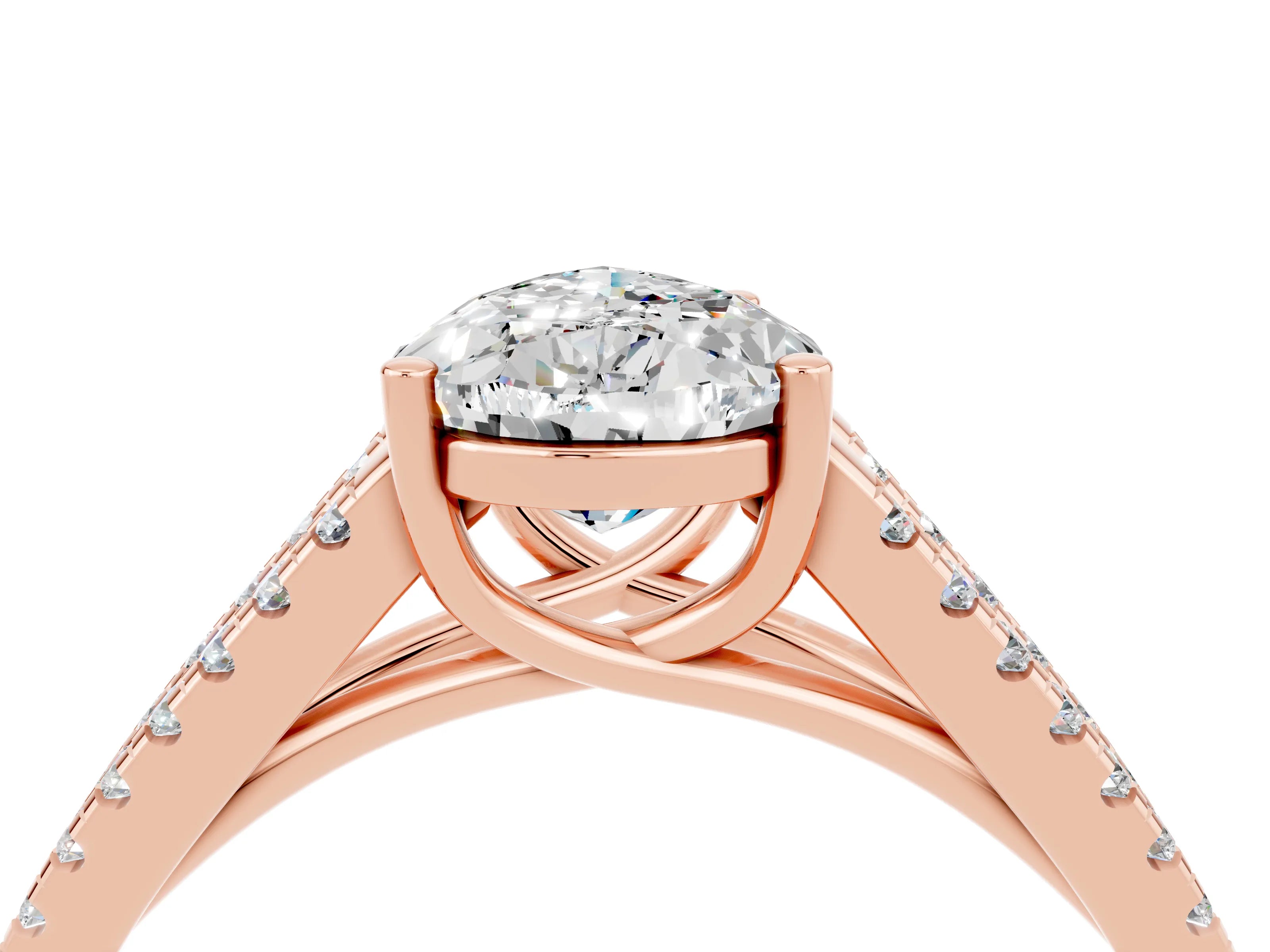 Rose gold Pear Cut Moissanite Solitaire Engagement Ring with Split Shank Pavé Band_4