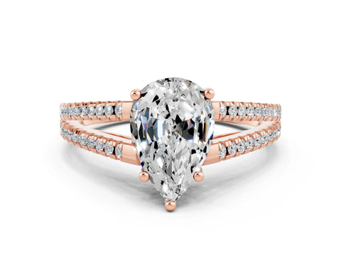 Rose gold Pear Cut Moissanite Solitaire Engagement Ring with Split Shank Pavé Band