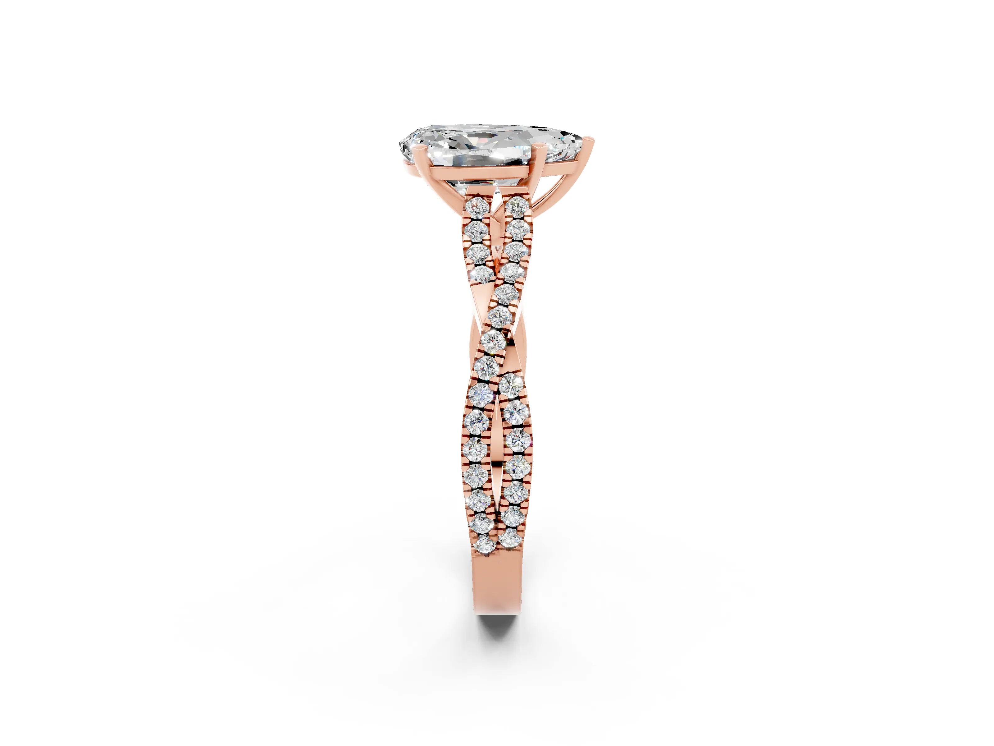 Rose gold Pear Cut Moissanite Solitaire Engagement Ring with Twisted Pavé Band and Four-Prong Setting_2
