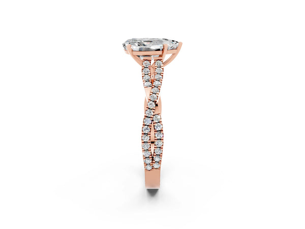 Rose gold Pear Cut Moissanite Solitaire Engagement Ring with Twisted Pavé Band and Four-Prong Setting