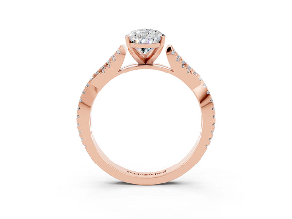 Rose gold Pear Cut Moissanite Solitaire Engagement Ring with Twisted Pavé Band and Four-Prong Setting