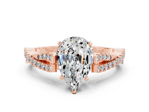 Rose gold Pear Cut Moissanite Solitaire Engagement Ring with Twisted Pavé Band and Four-Prong Setting