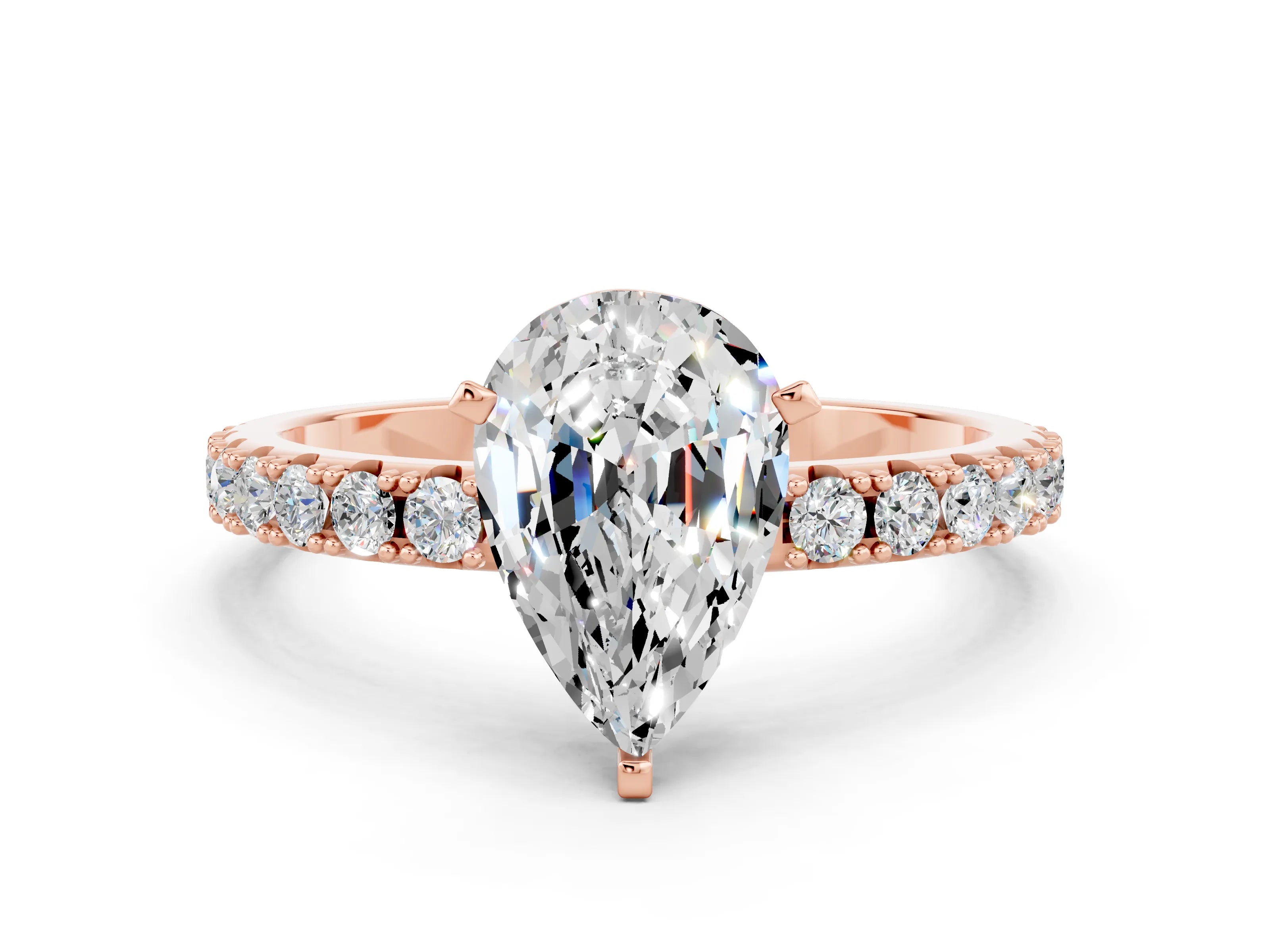 Rose gold Pear Cut Moissanite Solitaire Pavé Band with Four-Prong Setting