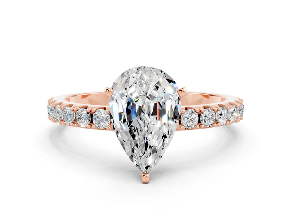 Rose gold Pear Cut Moissanite Solitaire Pavé Band with Four-Prong Setting