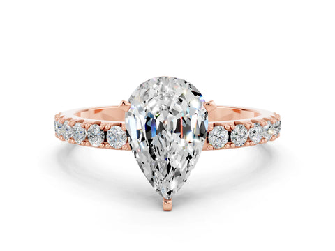 Rose gold Pear Cut Moissanite Solitaire Pavé Band with Four-Prong Setting