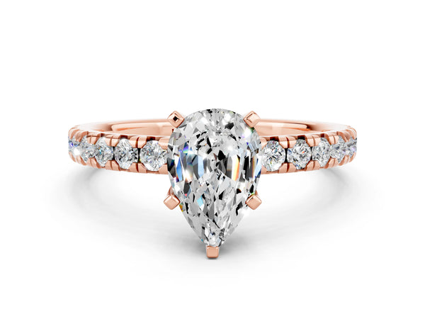 Rose gold Pear Cut Moissanite Solitaire Pavé Engagement Ring with Round Band and Prong Setting