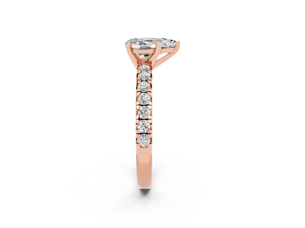 Rose gold Pear Cut Moissanite Solitaire Pavé Engagement Ring with Round Band and Prong Setting