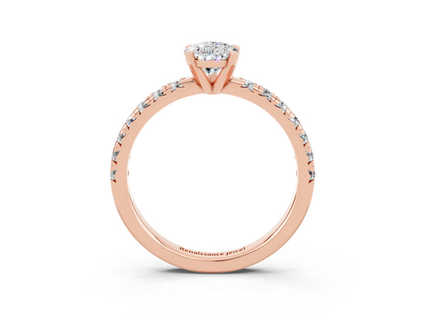 Rose gold Pear Cut Moissanite Solitaire Pavé Engagement Ring with Round Band and Prong Setting